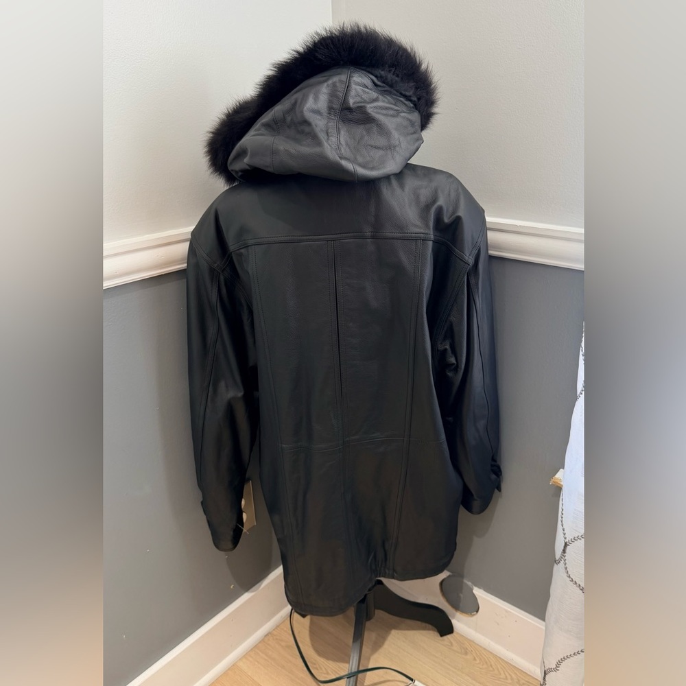 Amber Stone Black Hooded Leather Jacket with Fox Fur Trim Size Large - Picture 3 of 7